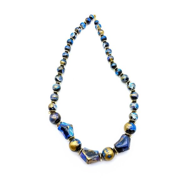 Chic Blue and Gold Necklace, Graduated Vintage Gilded Lucite Strand - Picture 3 of 3